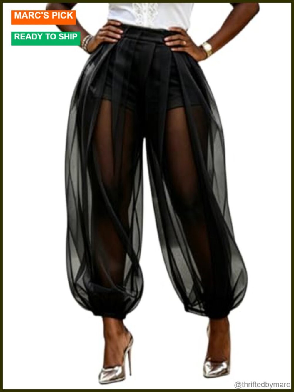 Women's Sheer Mesh Balloon Pants High Waisted Wide Leg Harem Trouser